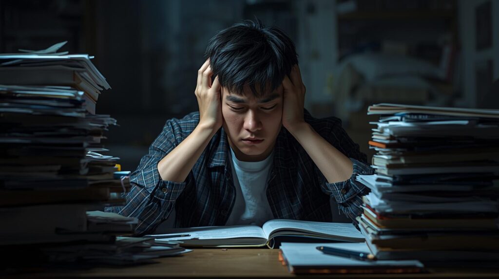student stressed from cramming and poor exam preparation
