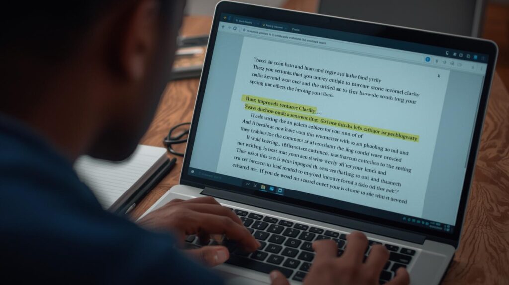 Student using AI paraphrasing tool to improve essay writing