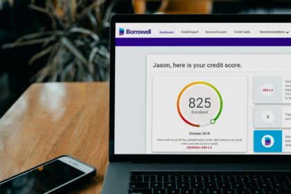 Illustration of a high credit score meter pointing to exceptional credit score range on a desk setu